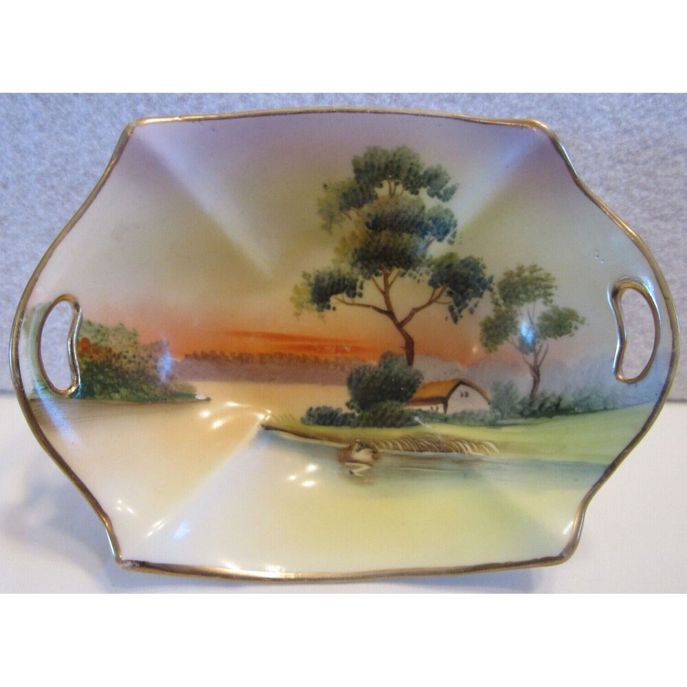 Antique Nippon Hand Painted Double Handled Tree in Meadow with Swan Bowl